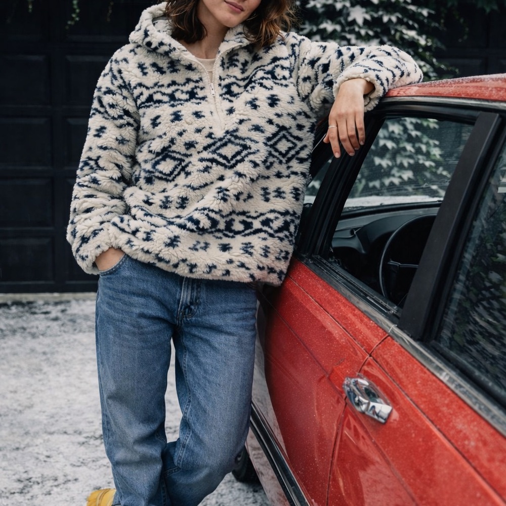 Cozy Ivory & Navy Patterned Sherpa Pullover Hoodie